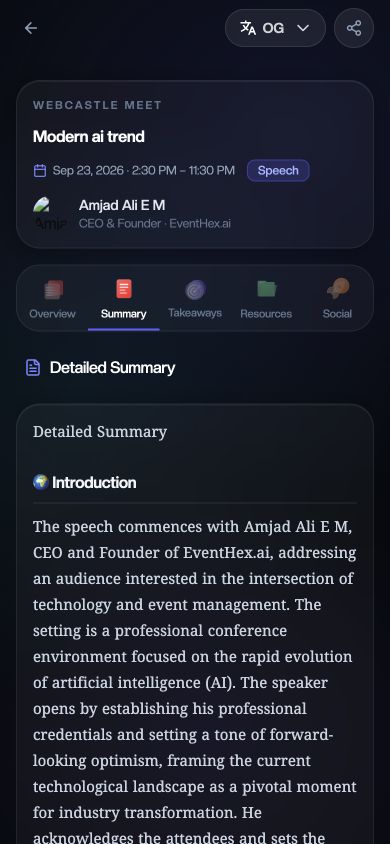 Mobile EventHex InstaRecap session summary screen with Overview, Summary, Takeaways, Resources, and Social tabs