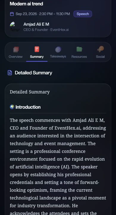 Mobile EventHex InstaRecap screen showing session tabs and an English detailed session summary